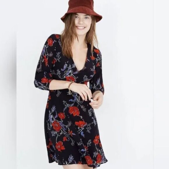 Madewell Navy Blue Windblown Poppies Floral Silk 3/4 Sleeve Ruffle Dress 14 NWT - Picture 14 of 14
